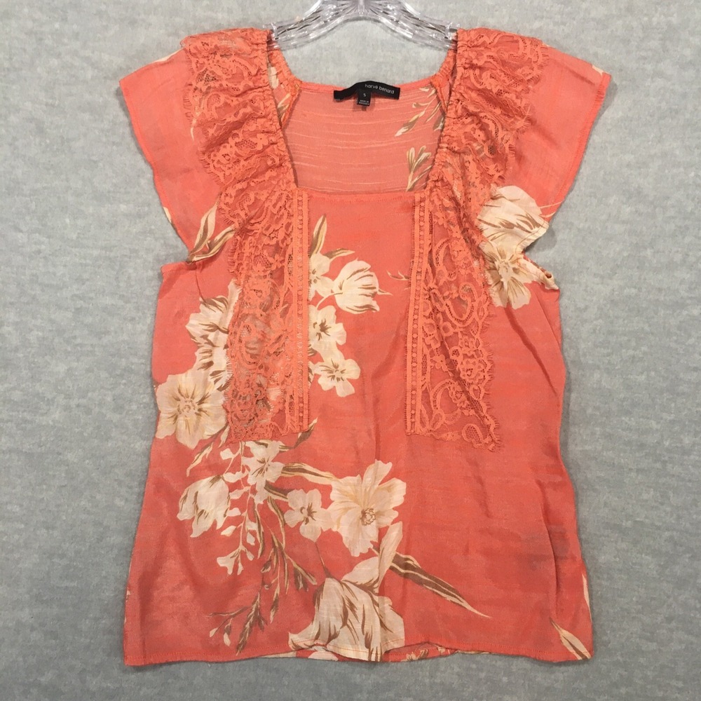 Harve Benard S Orange Flutter Cap Sleeve Blouse Satin Floral Square Neck Lace